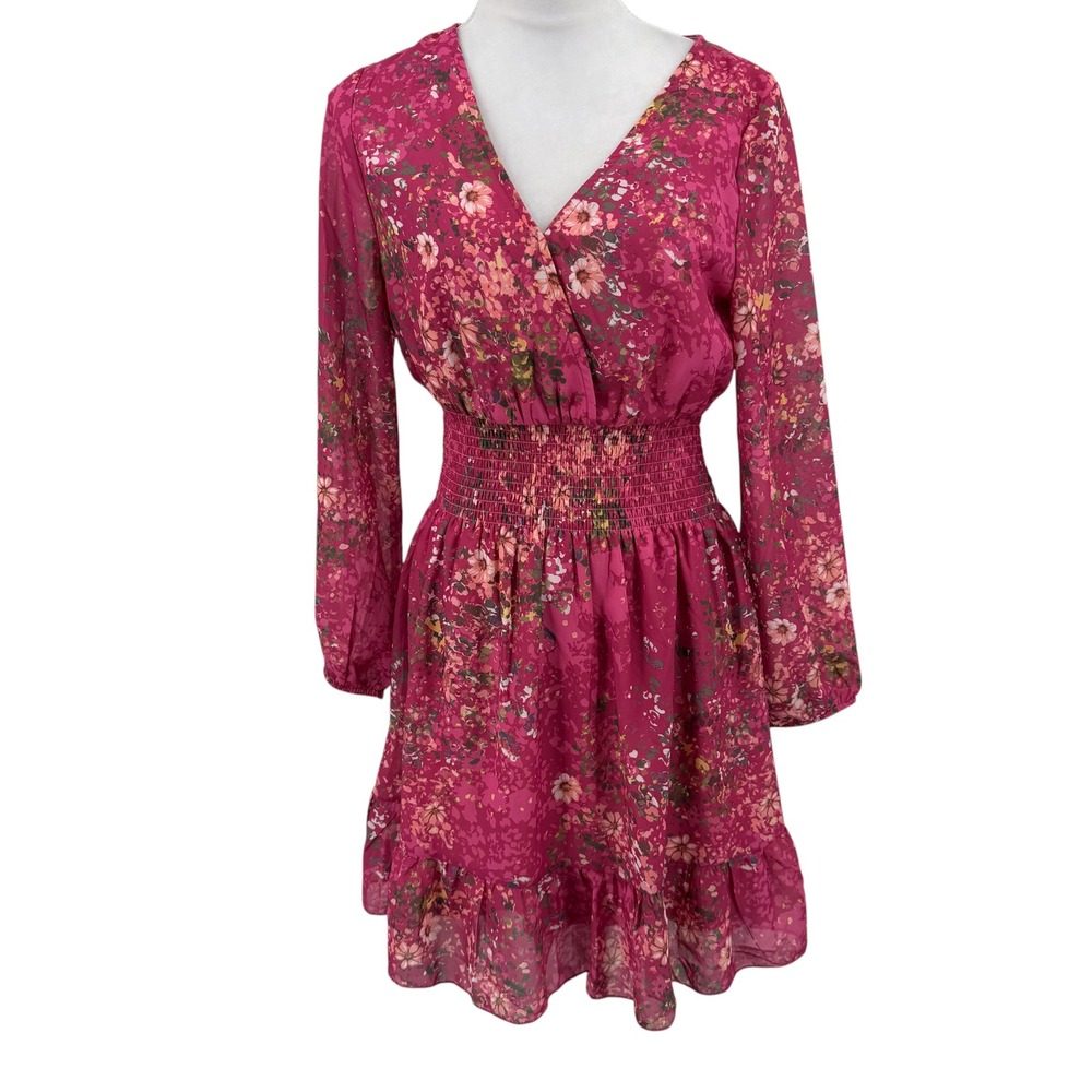 Kings‎ Road  Magenta Floral Smocked Waist Ruffle Mini Dress Large  Cottagecore